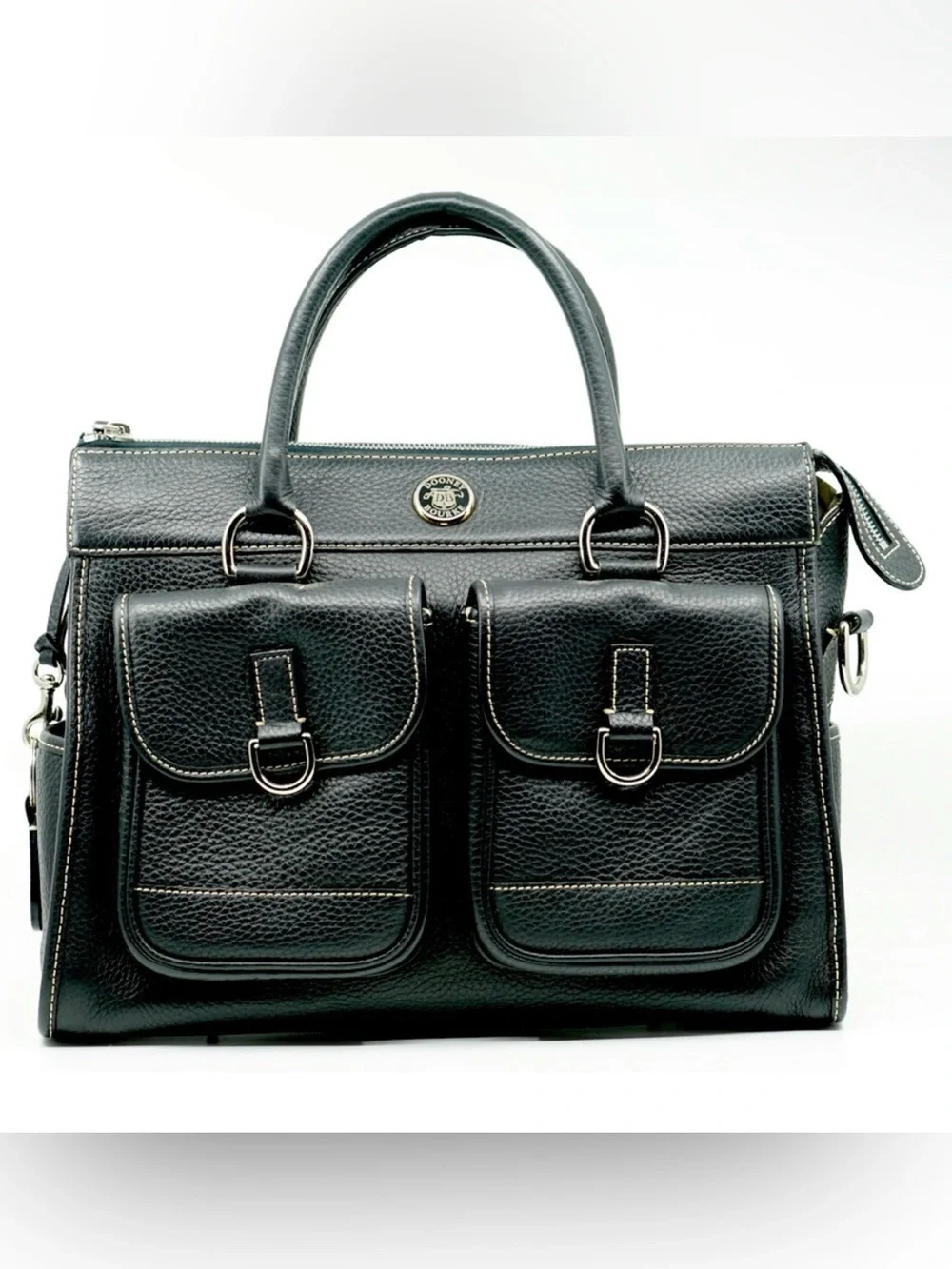 1990s DOONEY & BOUKE classic black pebbled leather double pocket crossbody tote
